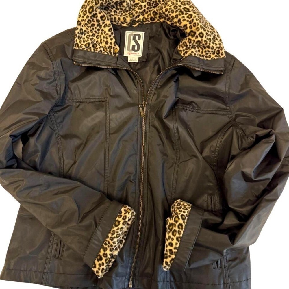 Y2K CS Signature Black Leopard Print Faux Fur Trim Bomber Indie Sleaze - Large